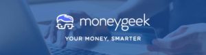 Moneygeek logo on top of person using credit card